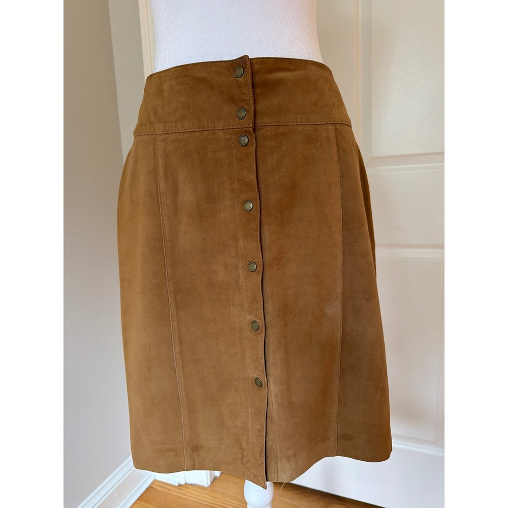 Vintage Tan Suede Button Front Mini Skirt A-Line Leather Camel Brown Boho